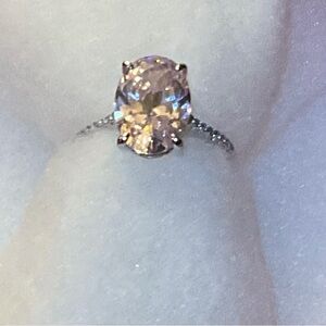 Oval Pink Crystal Solitaire Ring with Pavé Band